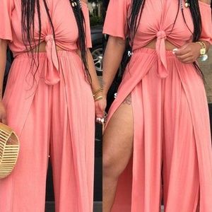 Pink Two-Piece Pant Set with Crop Top